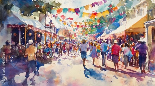 Watercolor painting of people walking in a street market.