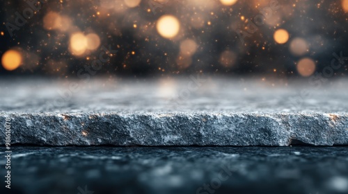 An artistic image of a textured stone surface in sharp focus, with a backdrop of fiery, blurred lights and sparks, creating an abstract and captivating visual contrast. photo