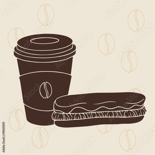 A glass of aromatic morning coffee with an eclair cake. Vector graphics.
