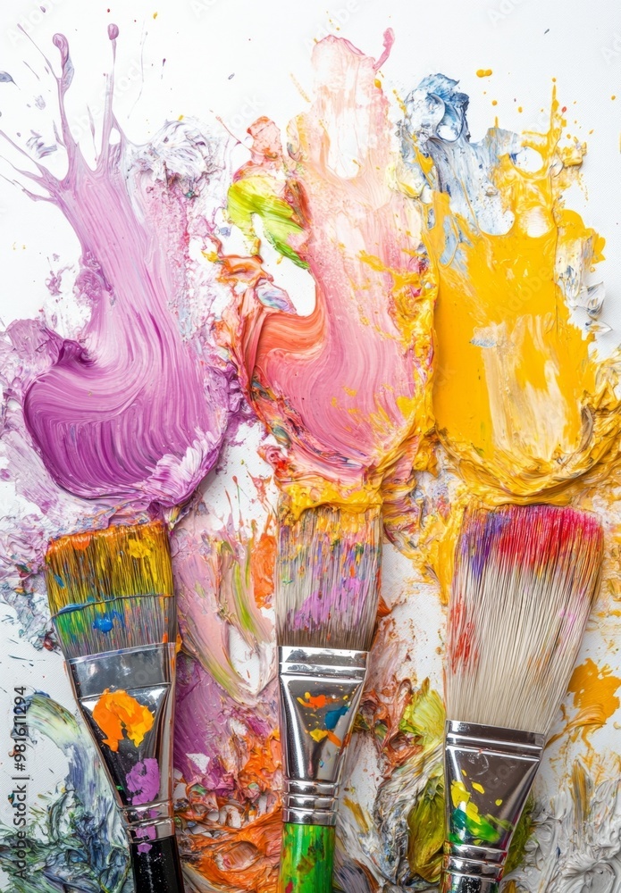 Fototapeta premium Three paintbrushes covered in colorful paint creating abstract art