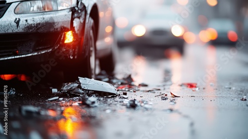 Image of a damaged car on a rainy road, with debris scattered around, highlighting the importance of safety and caution in such dangerous and unfortunate accidents. photo