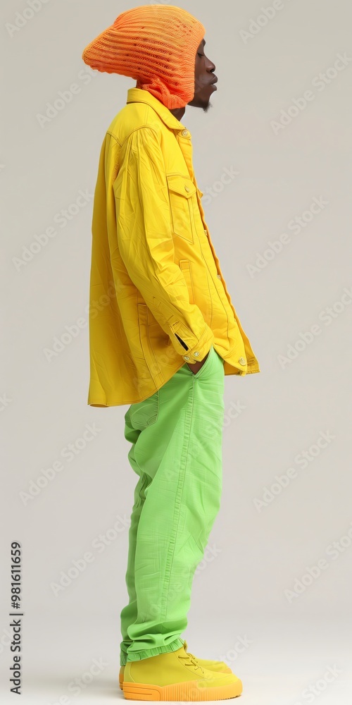 Confident man posing in studio, wearing bright yellow shirt and green pants, exuding cool urban vibe with hand casually in pocket; 3d rendering of a metaverse character Confident man posing in studio, wearing bright yellow shirt and green pants, exuding cool urban vibe with hand casually in pocket; 3d rendering of a metaverse character