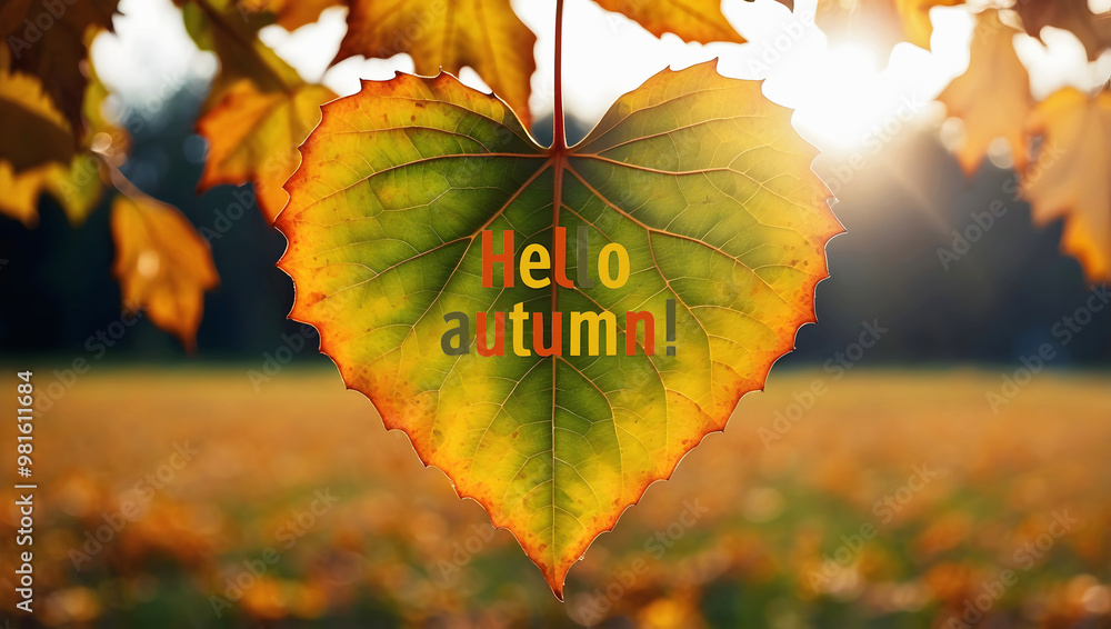 Hello autumn, fall coloured leaf with text, seasonal background, nature, template, wallpaper