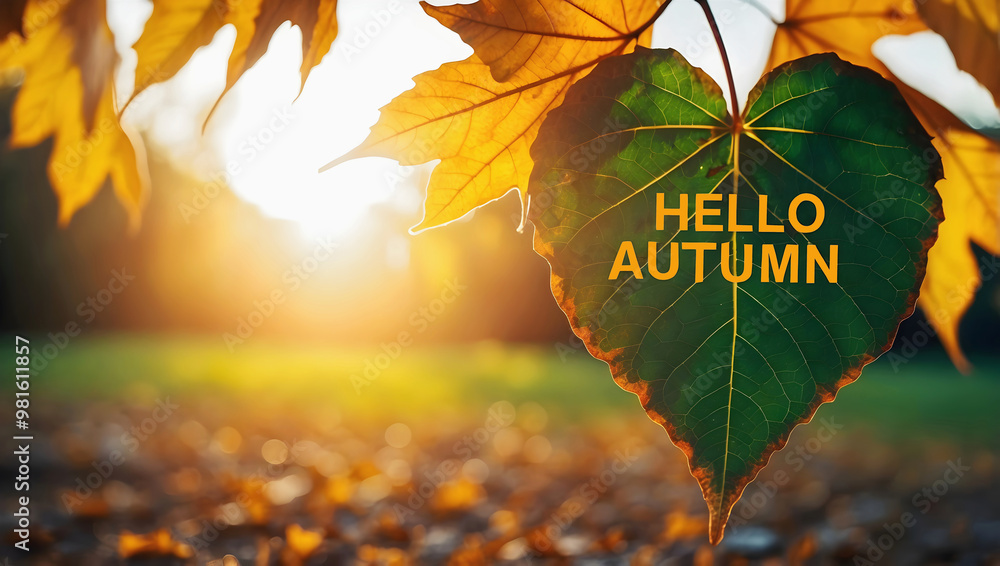 Hello autumn, fall coloured leaf with text, seasonal background, nature, template, wallpaper
