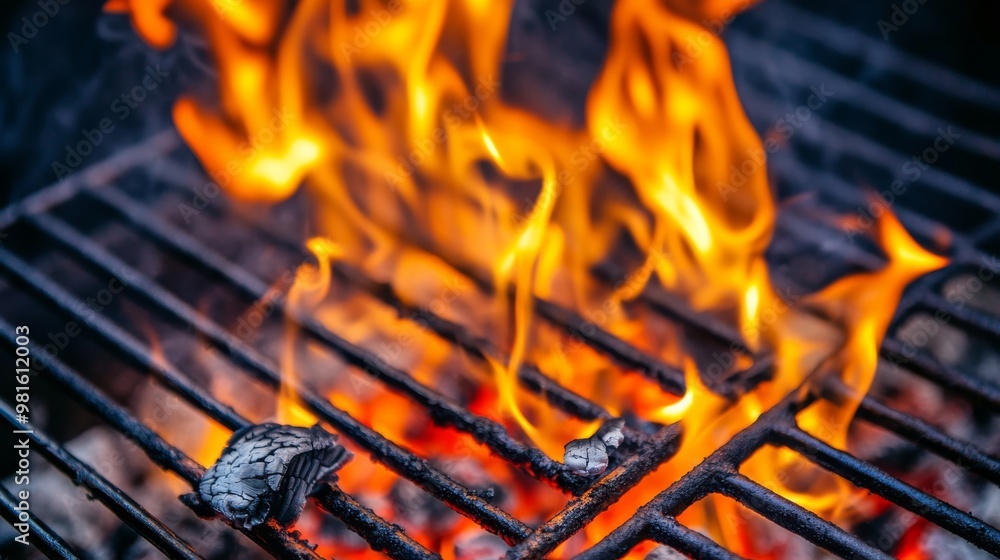 Flames rising from barbecue grill with hot Flames rising from barbecue grill with hot