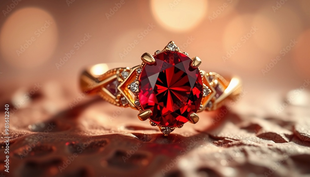Luxurious Red Gemstone Ring with Gold Setting and Diamond Accents
