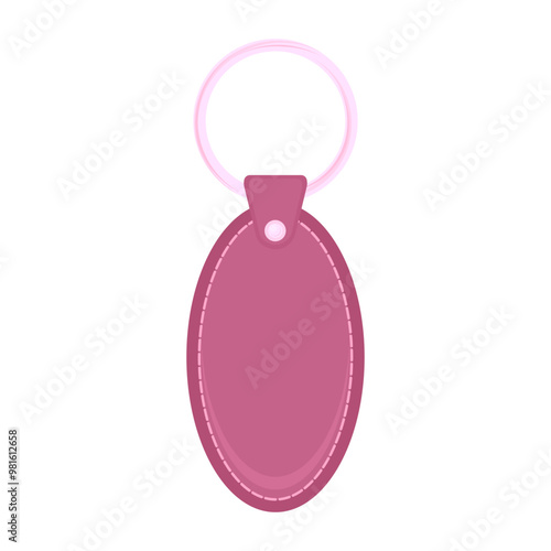 Vector leather holder trinket, pink keychain for key. Metal ring. Label of pink fob for car or office. Keyring isolated on white background. Blank accessory for home. Corporate identity for brand.
