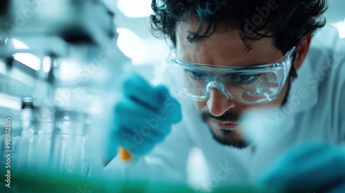 A scientist in a laboratory wears gloves and uses a pipette, focusing on an experiment, symbolizing dedication to scientific research and innovation.