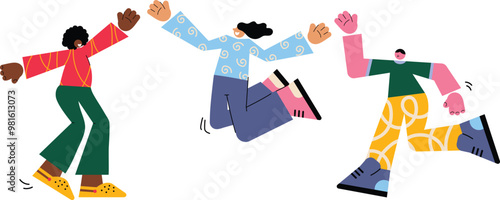 Smiling cartoon retro characters in doodle style jumping. Groovy set of people in flight smiling women and men. Diversity people funky illustration