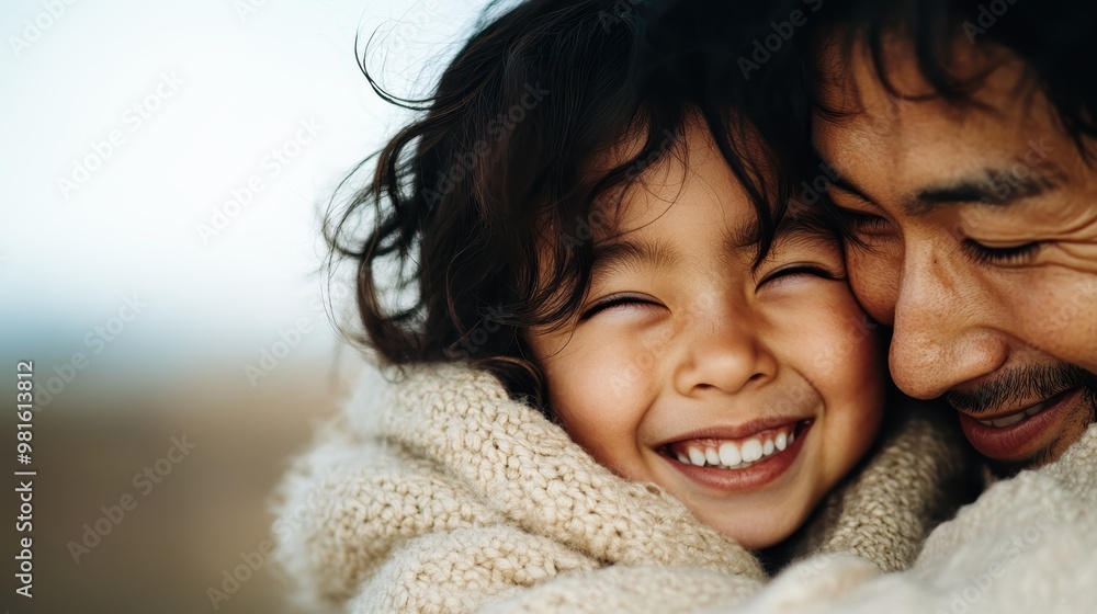 A father and child wrapped in a cozy embrace, radiating happiness and affection, as they share a warm moment together in an outdoor setting with woolen blankets. A father and child wrapped in a cozy embrace, radiating happiness and affection, as they share a warm moment together in an outdoor setting with woolen blankets.