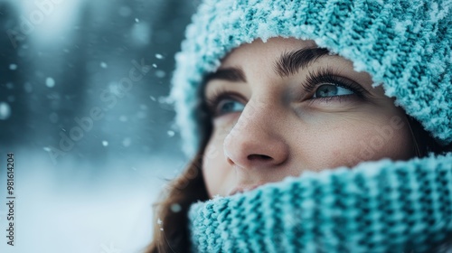 An up-close shot of a person wearing a warm hat in a snowy landscape, symbolizing the beauty and harshness of winter with snowflakes gently falling.