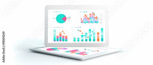 A digital tablet displays colorful graphs and charts, illustrating data analysis and trends in a modern, engaging format.