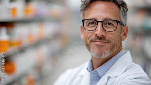 A middle-aged pharmacist confidently stands against a background of shelves. Wearing glasses and a white coat, he exudes professionalism and knowledge in healthcare. photo