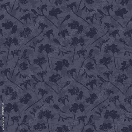 Monochrome vintage abstract floral seamless vector pattern with grunge effect. Loosely scattered fading floral silhouettes in dark purple for wallpaper, curtains, upholstery and fashion fabrics.