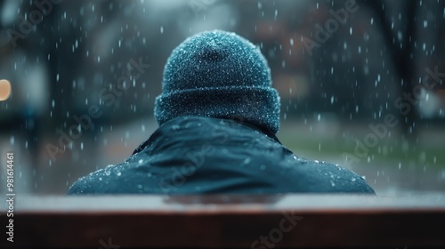 A person wearing a blue hat and a dark jacket is sitting on a wooden bench under the rain. The background is out of focus, showing a park or outdoor area during a downpour. photo