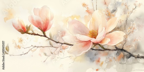 Watercolor painting of magnolia flowers blooming.