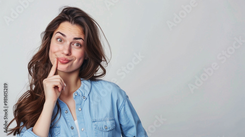 Young woman in a casual light denim shirt, playfully touching her chin while smiling, standing against a light background, expressing curiosity and thoughtfulness