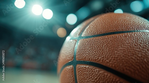 A highly textured basketball is positioned with bright arena lights in the background, symbolizing the vibrant energy, passion, and dynamic nature of athletic competitions. photo