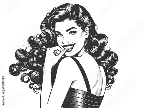 Playful smiling beautiful young woman flirty biting her little finger sketch engraving generative ai fictional character vector illustration. Scratch board imitation. Black and white image.