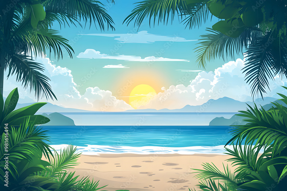 Tropical Sunset Beach Scene with Palm Trees and Vibrant Orange Sky Tropical Sunset Beach Scene with Palm Trees and Vibrant Orange Sky
