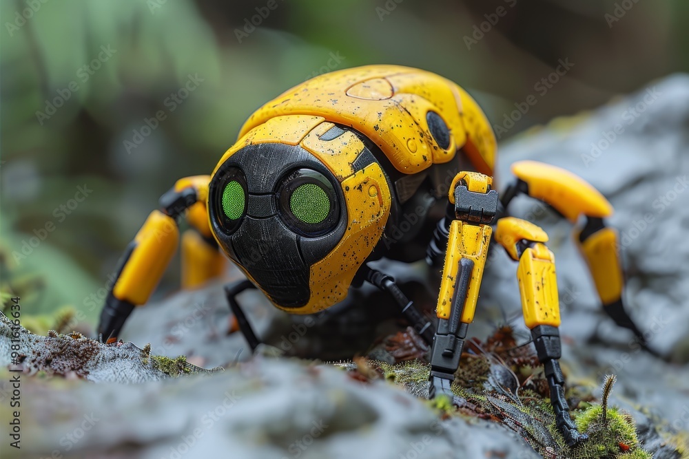 A brightly colored robotic insect with green eyes navigates over a textured, mossy rock in a vibrant forest A brightly colored robotic insect with green eyes navigates over a textured, mossy rock in a vibrant forest