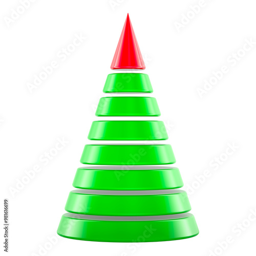 Abstract Christmas Tree Cone green color with a red top. 3D rendering isolated on transparent background