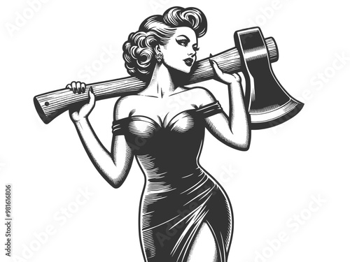 pin-up woman in a form-fitting tight dress with axe over her shoulder sketch engraving generative ai fictional character vector illustration. Scratch board imitation. Black and white image.