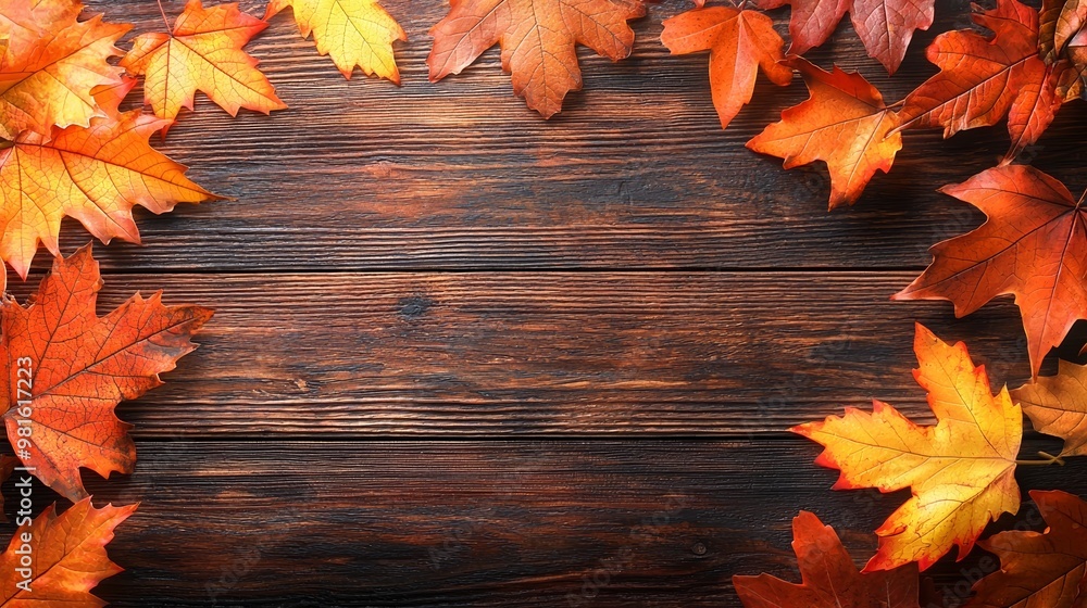 A wooden plank background surrounded with a frame of colorful autumn leaves. A wooden plank background surrounded with a frame of colorful autumn leaves.