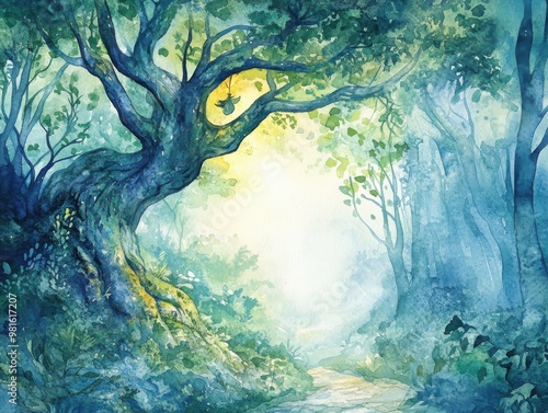 A watercolor painting of a misty forest path.