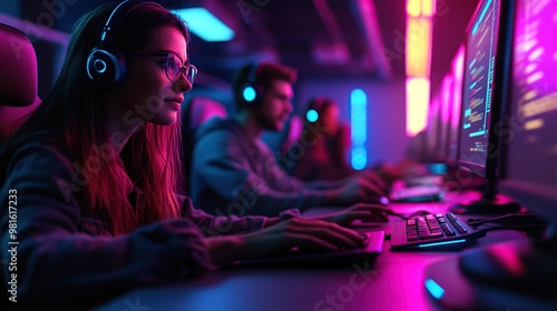 A group of people coding or gaming in a dimly lit room with vibrant neon lights. The environment is futuristic, emphasizing focus and teamwork in a high-tech setting