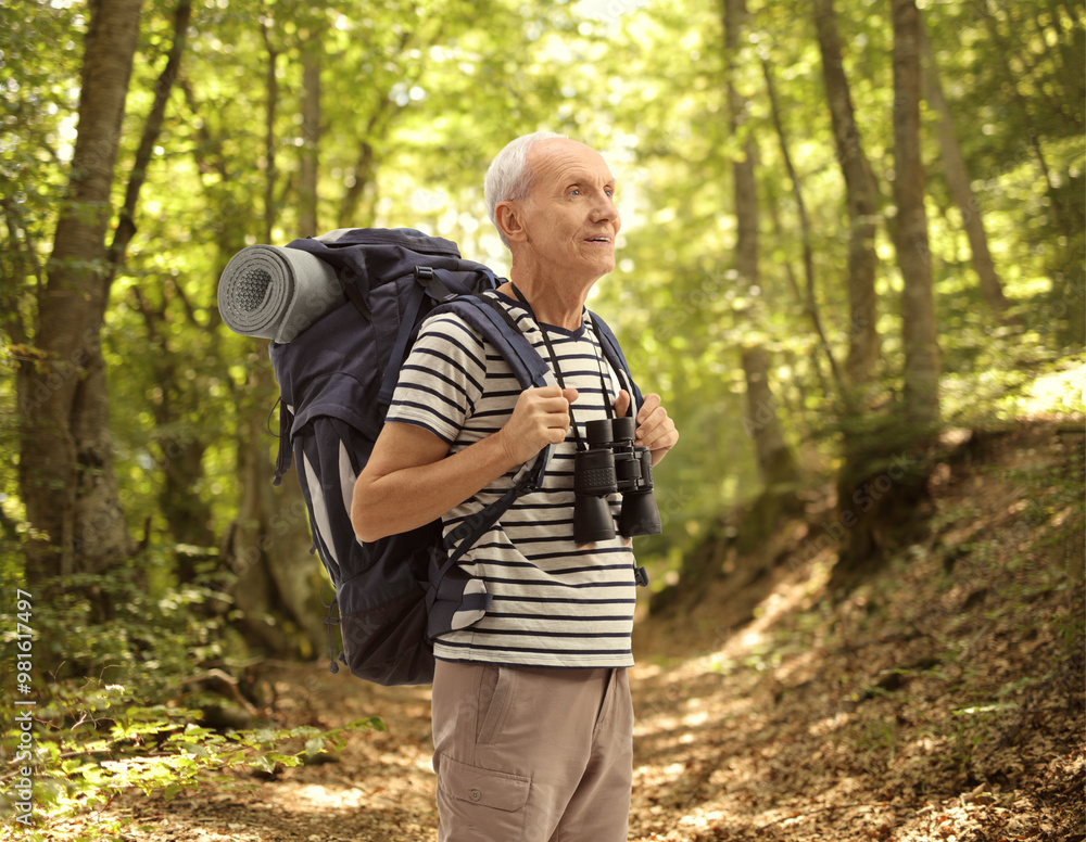 Senior hiker standing in a forest Senior hiker standing in a forest