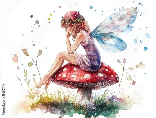 Fairy with wings sits on a mushroom.