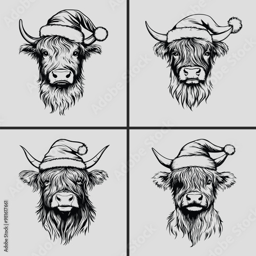 Christmas Highland Cow With Santa Hat Silhouette Vector Svg, Cow Vector Svg, Santa Hat Svg, Highland Cow Vector, Christmas Svg, Animal Head, Cow Head Vector