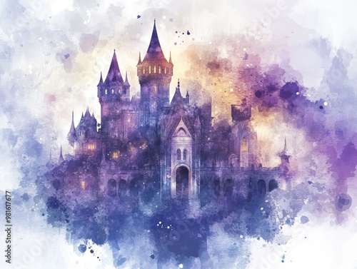 Purple watercolor painting of a fairytale castle.