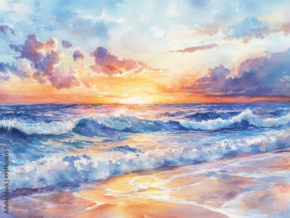 Watercolor painting of a seascape at sunset. Watercolor painting of a seascape at sunset.
