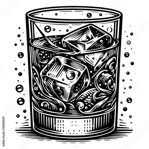 Illustration of a glass with ice cubes and liquid in black and white. Vector, generative ai.
