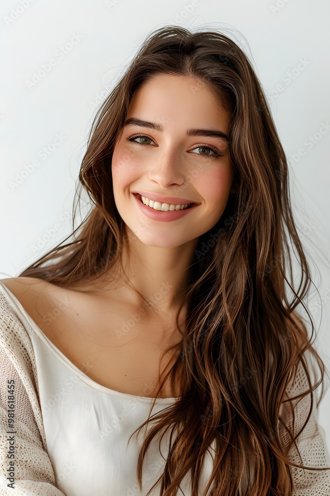 Naklejka premium Portrait of a beautiful young woman smiling and looking on white background