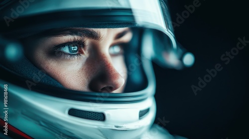 Close-up image highlighting a futuristic helmet under blue lighting, showcasing intricate details and reflective surfaces, creating a modern sci-fi feel. photo