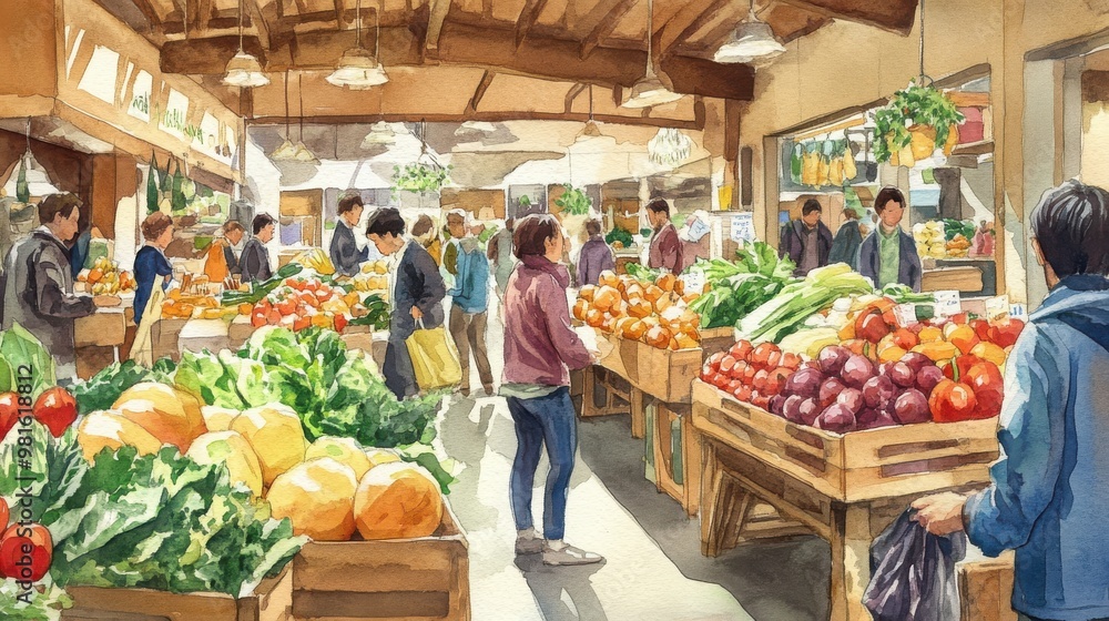 Obraz premium A bustling market with fresh produce and shoppers.