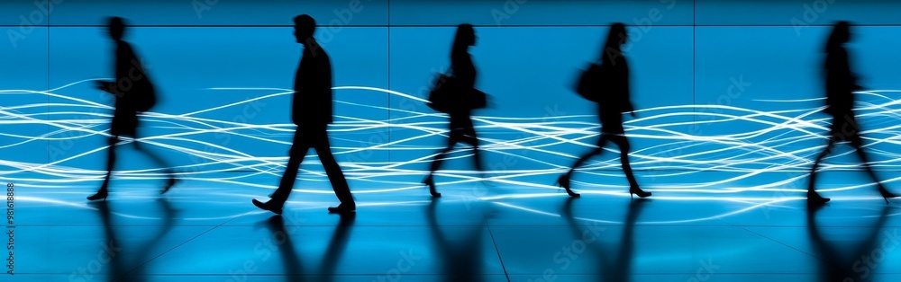 Business people walking in modern office corridor with light trails Business people walking in modern office corridor with light trails