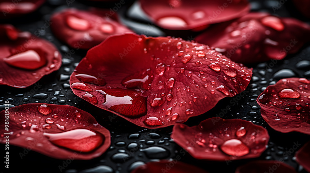 Macro Shot of Red Rose Petals with Water Droplets on a Dark Surface for Romantic and Elegant Themes Macro Shot of Red Rose Petals with Water Droplets on a Dark Surface for Romantic and Elegant Themes