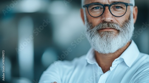 Professional man with white beard and eyeglasses, dressed in a pristine white shirt, standing confidently in a modern, blurred background setting.