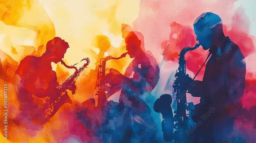 Obraz premium Watercolor painting of saxophonists in silhouette.