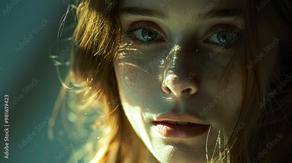 Close-up Portrait of a Woman with Green Eyes and Freckles Close-up Portrait of a Woman with Green Eyes and Freckles