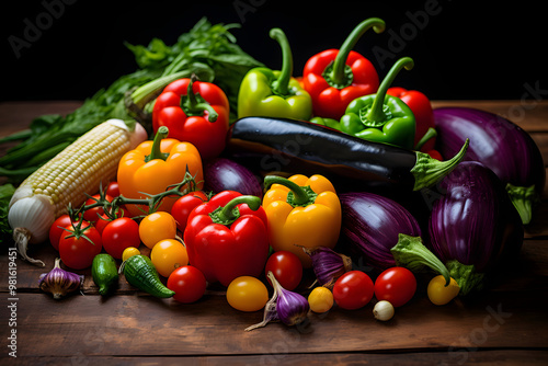 A Colorful Medley of Freshly Harvested Heirloom Vegetables on Rustic Wooden Background