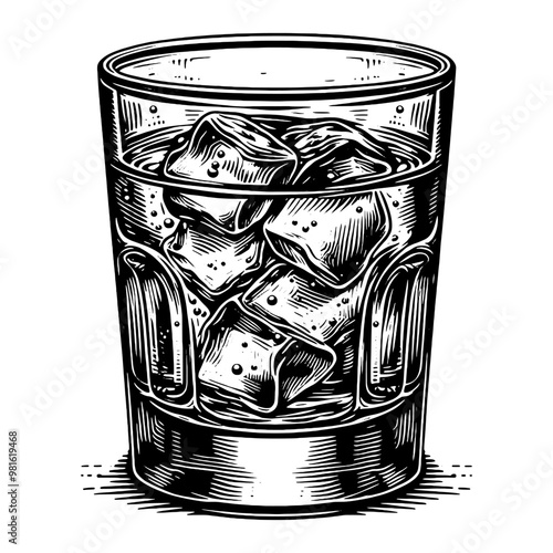 Illustration of a glass with ice cubes and liquid in black and white. Vector, generative ai.
