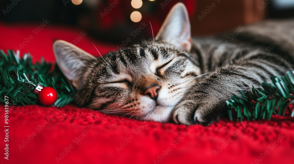 Adorable tabby cat serenely resting on a red blanket surrounded by christmas garland and a bauble, embracing the holiday spirit Adorable tabby cat serenely resting on a red blanket surrounded by christmas garland and a bauble, embracing the holiday spirit