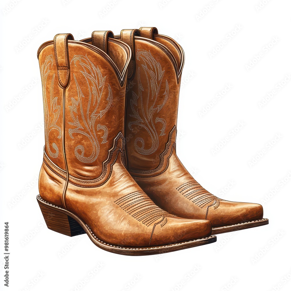 Stylish leather cowboy boots with intricate patterns, perfect for any Western-themed event or fashion statement, white background Stylish leather cowboy boots with intricate patterns, perfect for any Western-themed event or fashion statement, white background