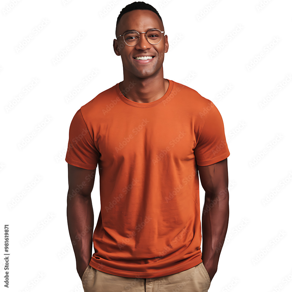 Fototapeta premium african man smiling while wearing a orange shirt and khaki shorts on transparent background