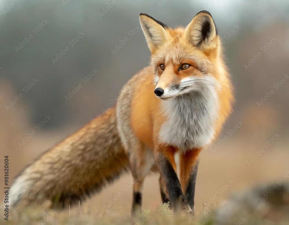Isolated red fox with depth of field showcasing bushy tail and striking fur color Isolated red fox with depth of field showcasing bushy tail and striking fur color
